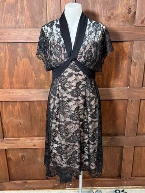 Adrianna Black Lace Midi Dress with Nude Illusion Lining
